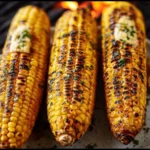 Grilled corn on the grill, showcasing char marks and vibrant color.