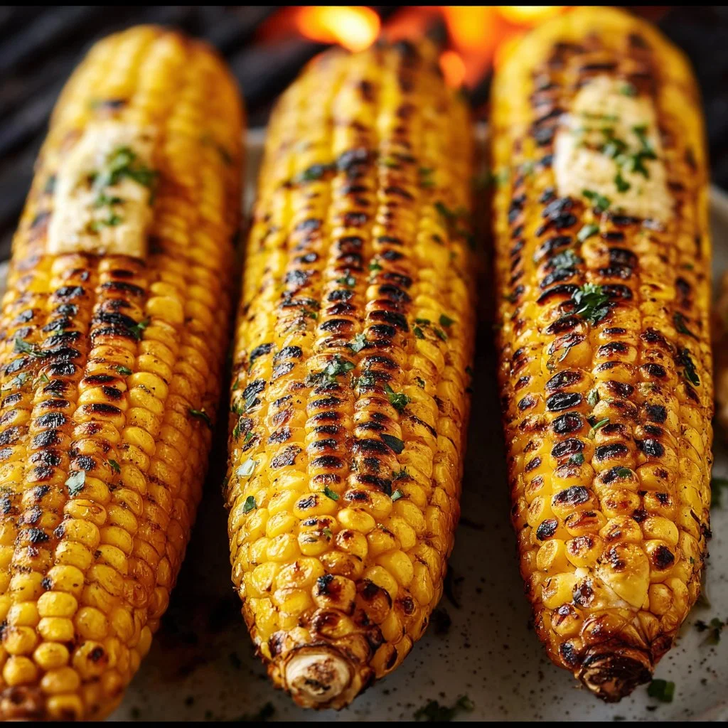 Grilled corn on the grill, showcasing char marks and vibrant color.