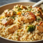 Delicious Instant Pot creamy chicken and rice served in a bowl