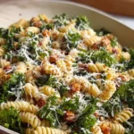 Healthy Kale Caesar Pasta Salad with creamy dressing and fresh ingredients
