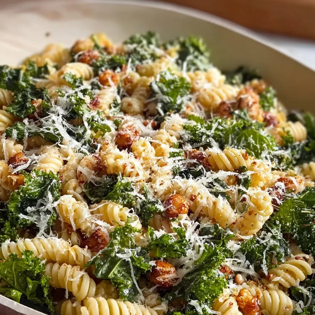 Healthy Kale Caesar Pasta Salad with creamy dressing and fresh ingredients