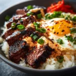 A delicious Korean BBQ steak rice bowl garnished with vegetables