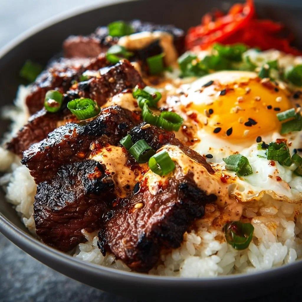 A delicious Korean BBQ steak rice bowl garnished with vegetables
