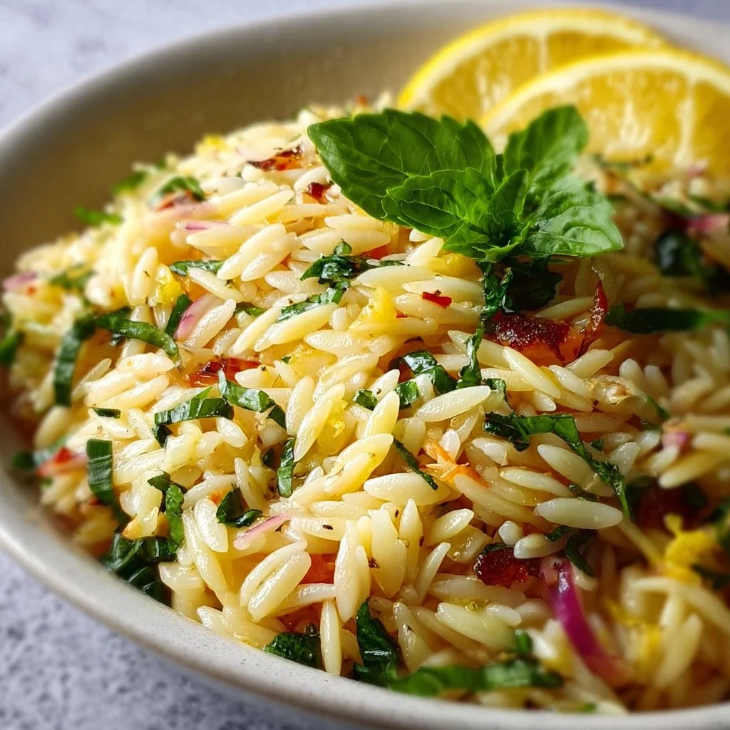 Lemon Basil Orzo Pasta Salad served in a bowl with fresh herbs.