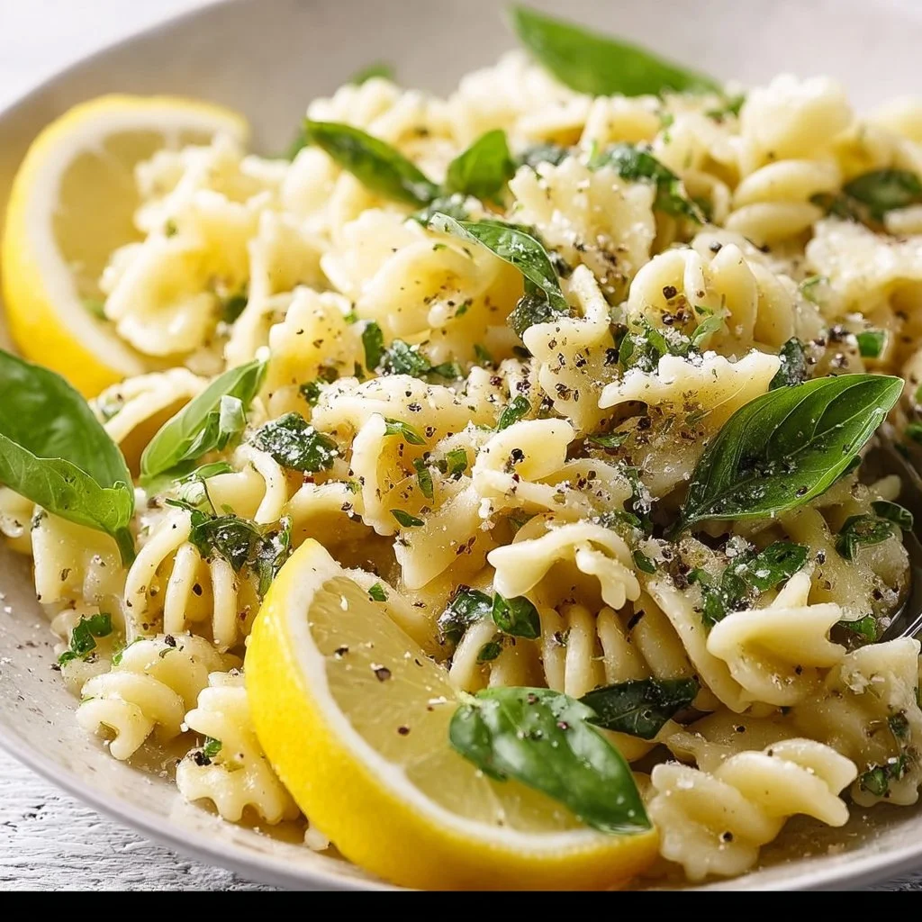 Lemon Basil Parmesan Pasta Salad in a bowl with fresh ingredients