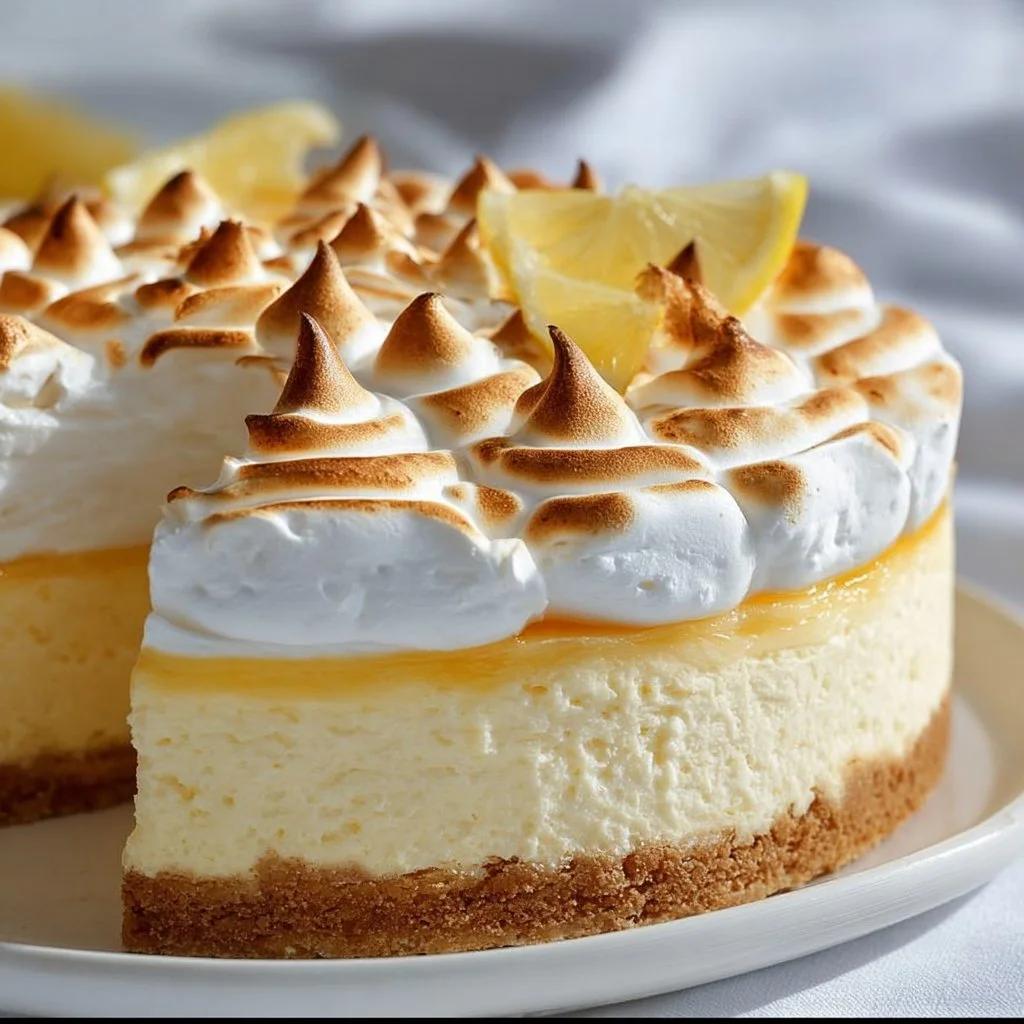 Slice of lemon meringue cheesecake topped with fluffy meringue