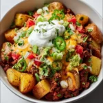 Loaded potato taco bowl with toppings and cheese