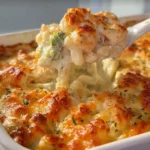 Low Carb Chicken Alfredo Bake served in a dish with garnish