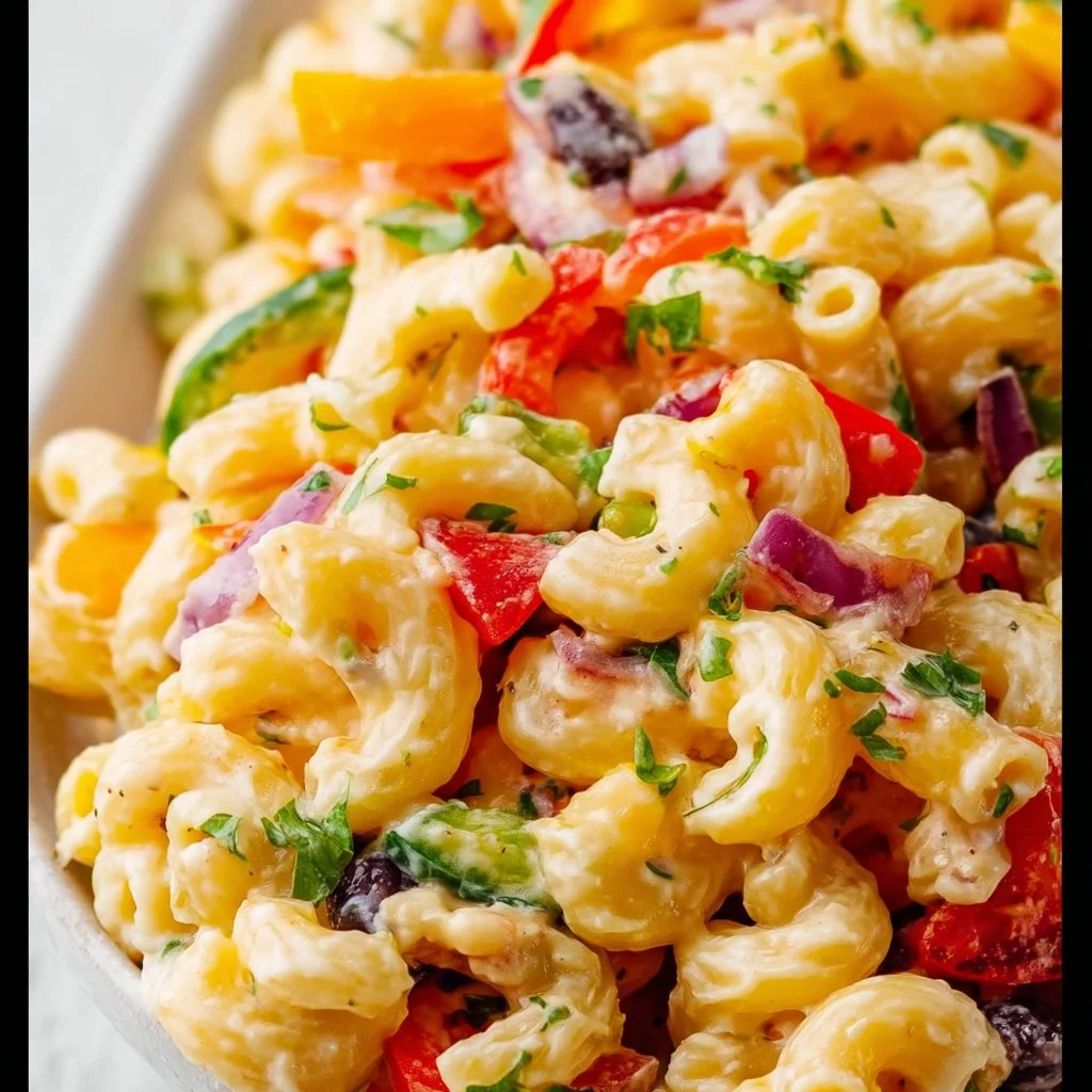 A colorful bowl of Mexican Macaroni Salad with fresh vegetables and spices.