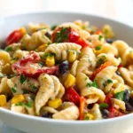 Bowl of colorful Mexican pasta salad with fresh vegetables and dressing.