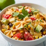 Colorful bowl of Mexican Pasta Salad with fresh vegetables and dressing
