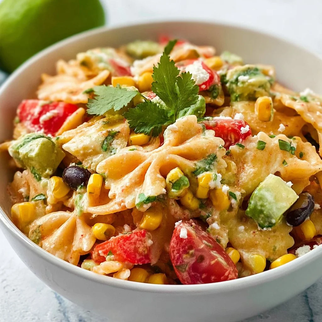 Colorful bowl of Mexican Pasta Salad with fresh vegetables and dressing