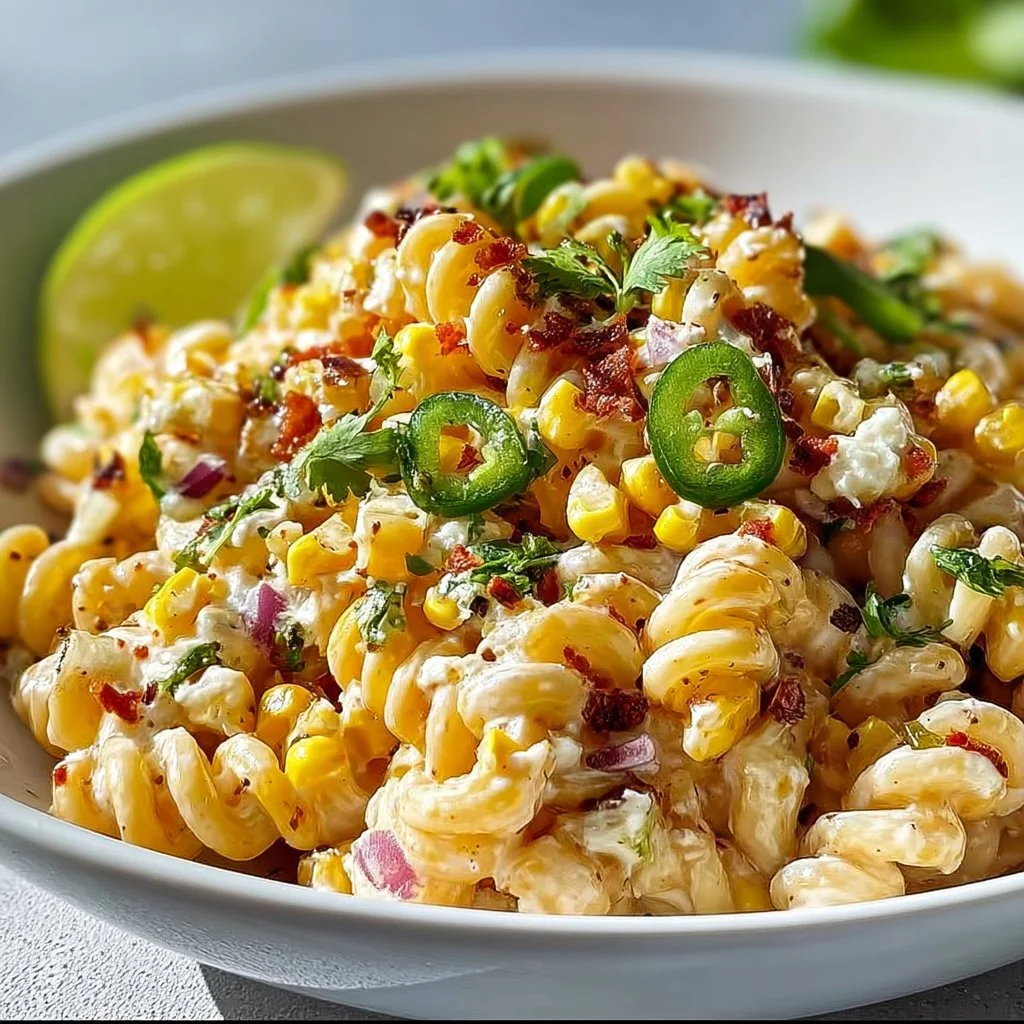 Bowl of Mexican street corn pasta salad with fresh ingredients and vibrant colors