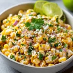 Mexican street corn salad topped with cheese and cilantro in a bowl