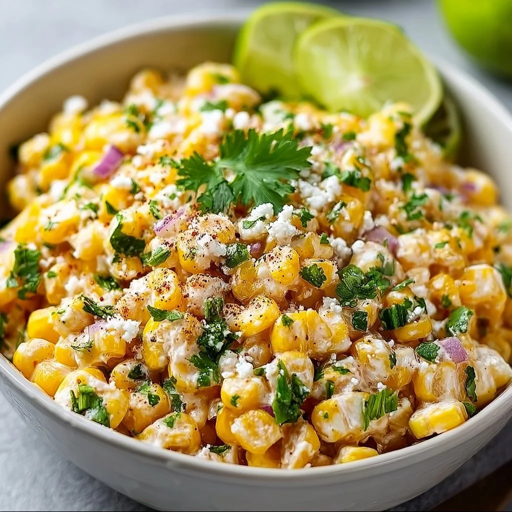 Mexican street corn salad topped with cheese and cilantro in a bowl