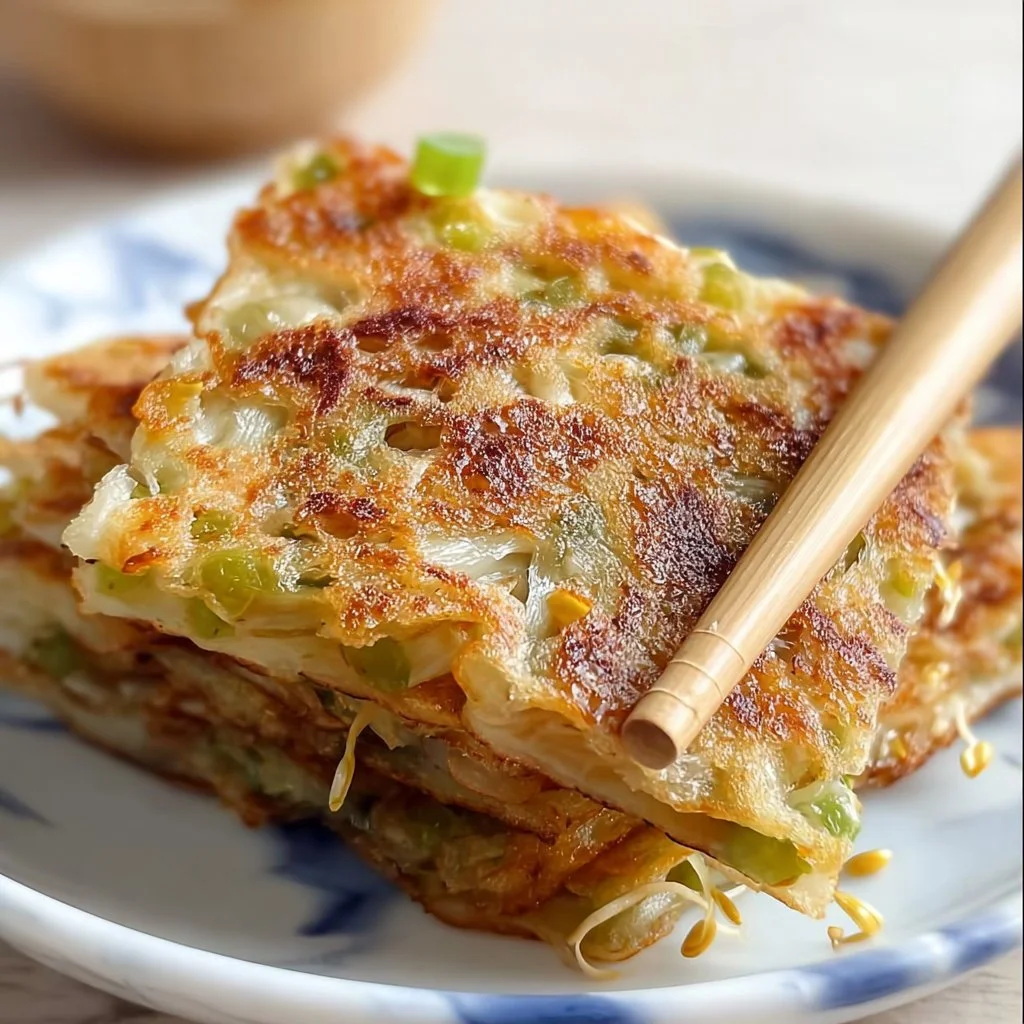 Delicious mung bean sprout pancakes served with dipping sauce.