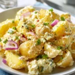 Bowl of creamy Mustard Potato Salad garnished with herbs