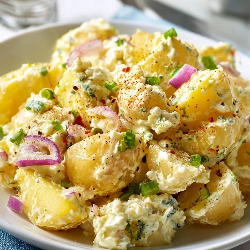 Bowl of creamy Mustard Potato Salad garnished with herbs
