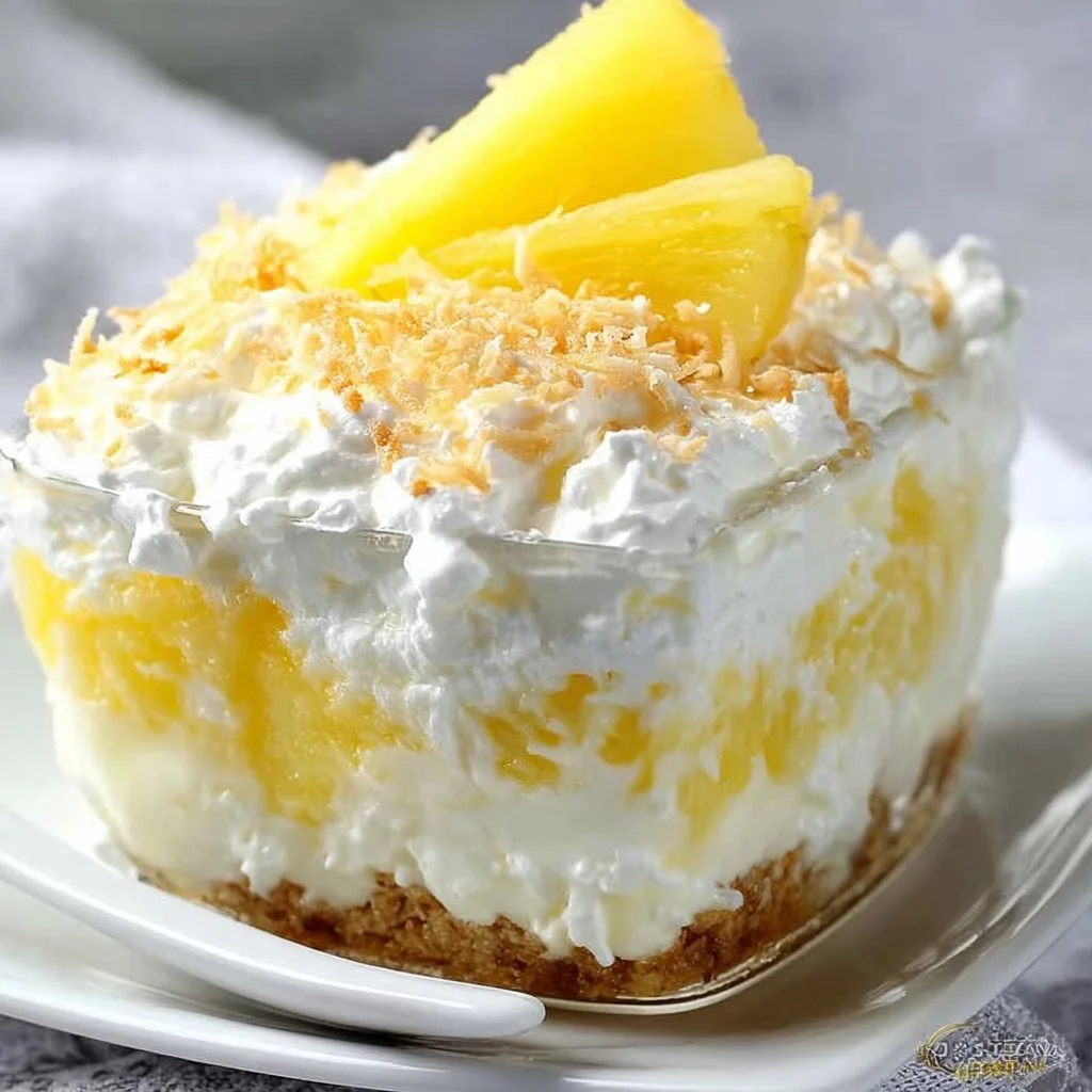 Delicious no bake pineapple cream dessert garnished with fresh fruit