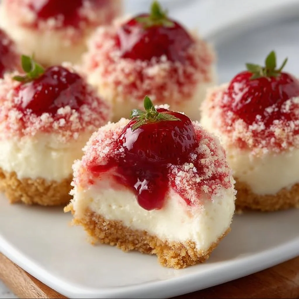 Delicious no-bake strawberry crunch cheesecake bites with fresh strawberries on top