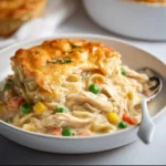 Noodle Chicken Pot Pie Casserole fresh out of the oven, golden and delicious.