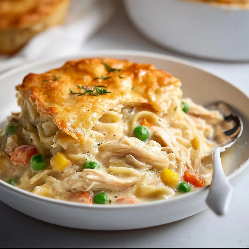 Noodle Chicken Pot Pie Casserole fresh out of the oven, golden and delicious.