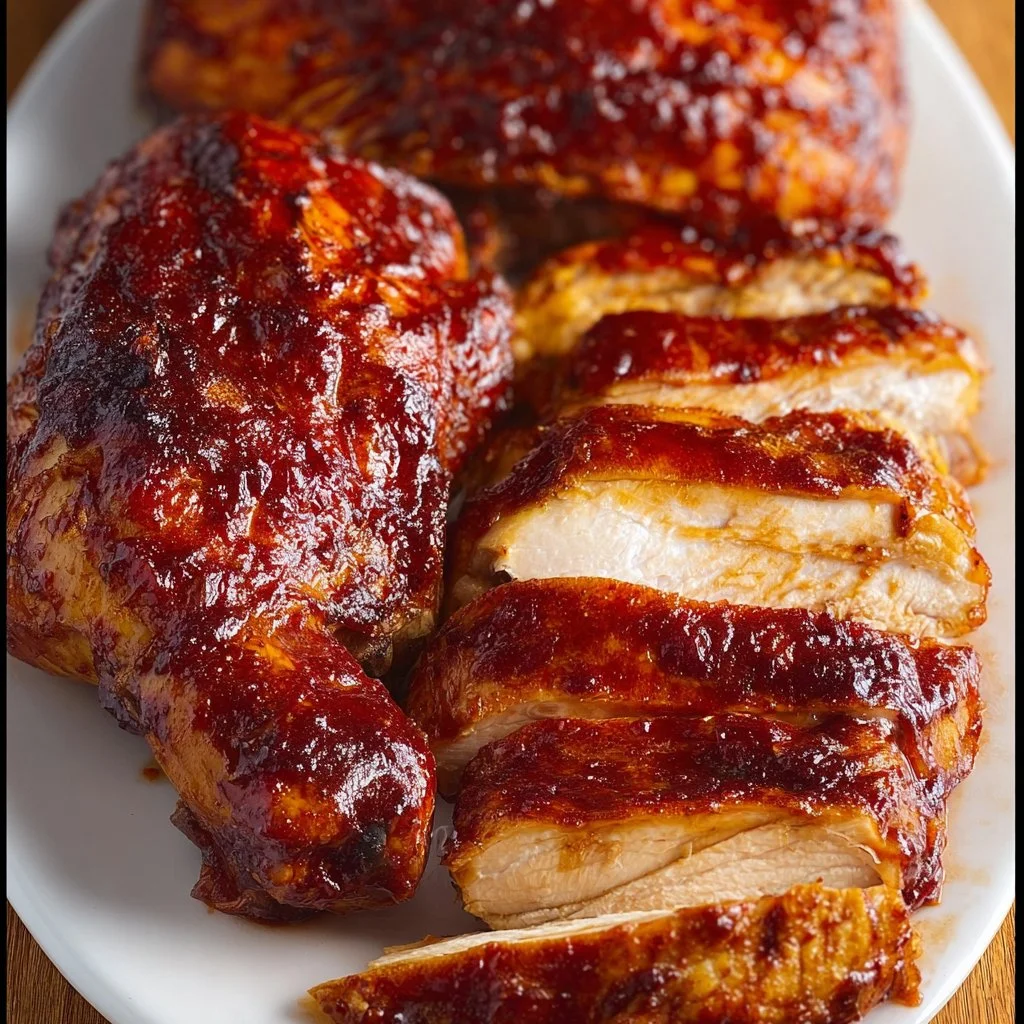 Delicious oven-baked BBQ chicken garnished with herbs