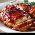 Oven Roasted BBQ Chicken garnished with herbs on a white plate