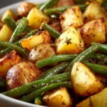 Plate of oven-roasted potatoes with green beans, seasoned and crispy.