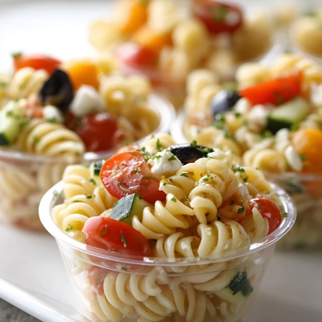 Colorful Pasta Salad Cups filled with veggies and dressing