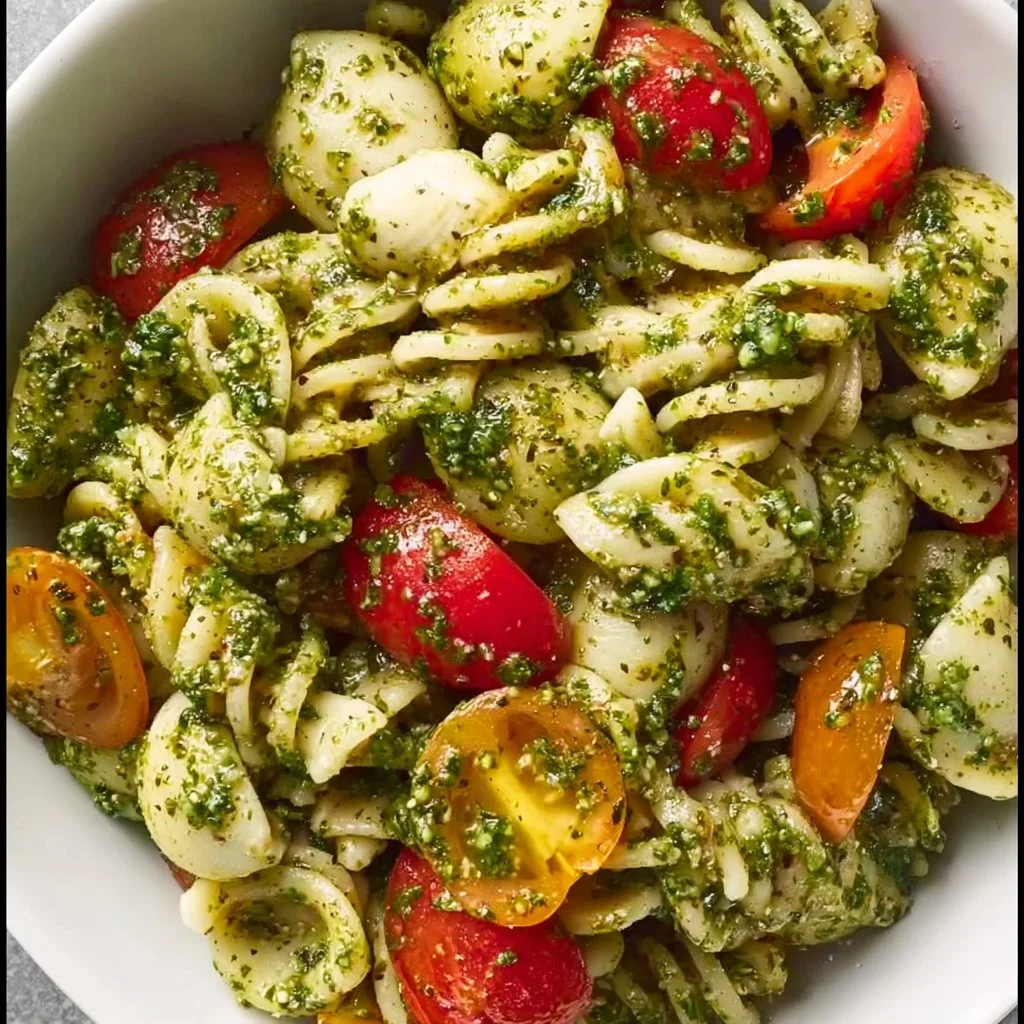 Colorful pesto pasta salad with fresh vegetables and herbs
