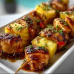 Grilled Pineapple Chicken Kabobs on skewers with vibrant vegetables