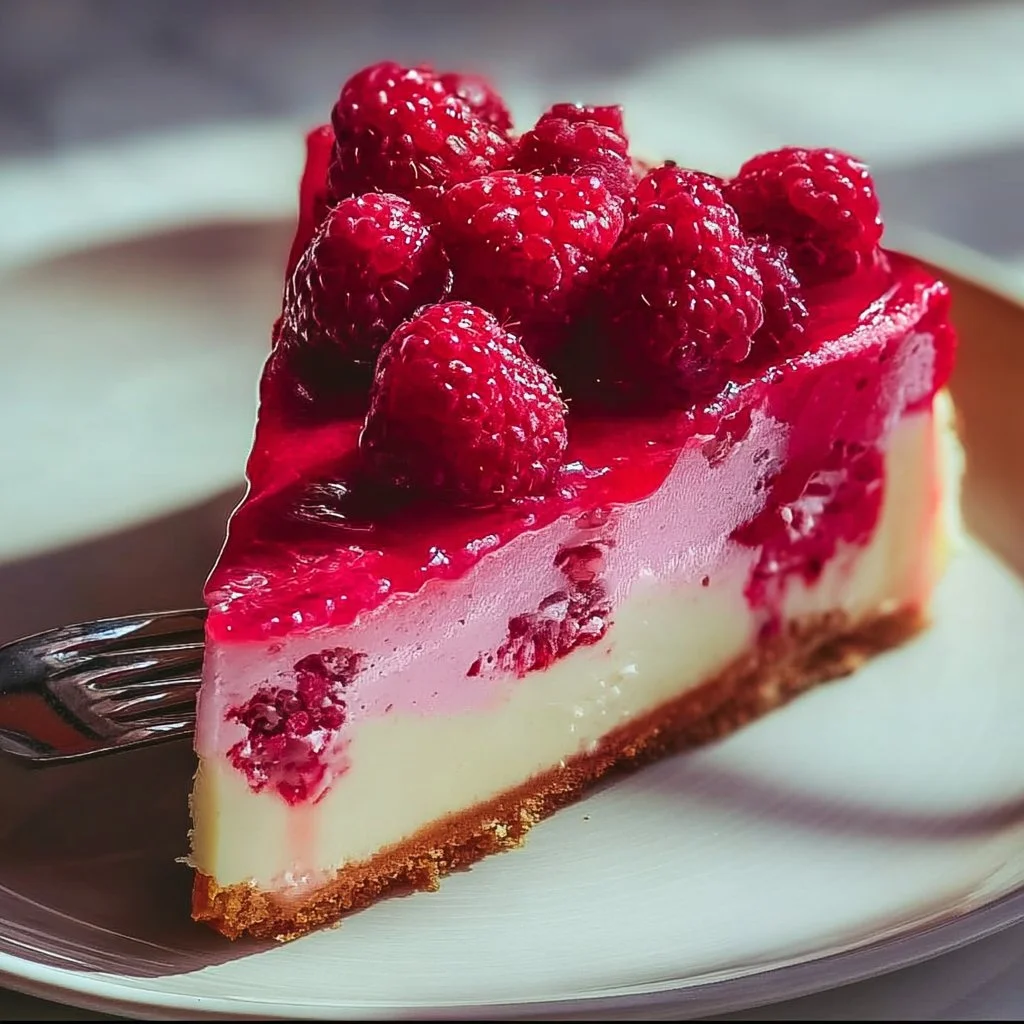 Delicious Pink Velvet Raspberry Cheesecake topped with fresh raspberries