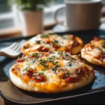 Delicious breakfast pizza topped with cheese, eggs, and vegetables
