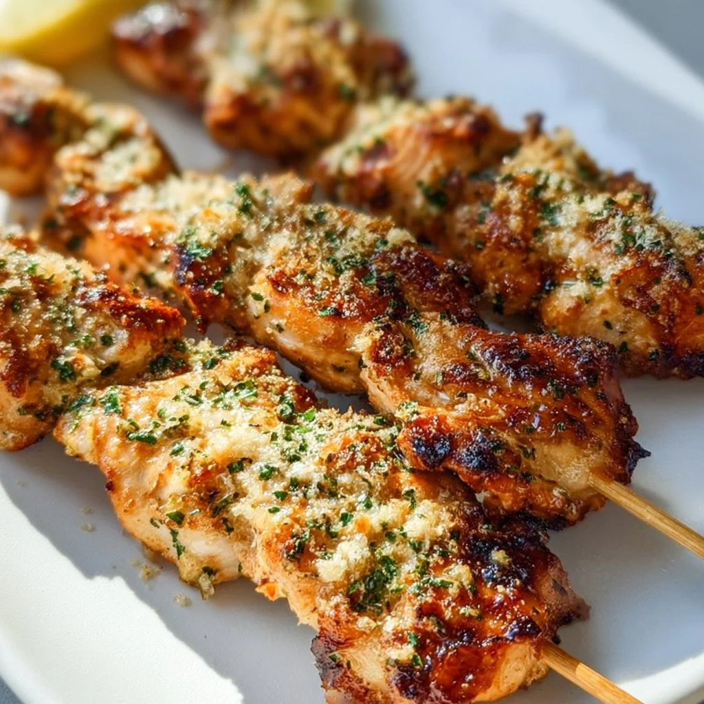 Ranch Garlic Parmesan Chicken Skewers on a platter ready to serve