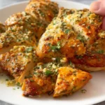 Delicious roasted garlic parmesan chicken served with a side of vegetables