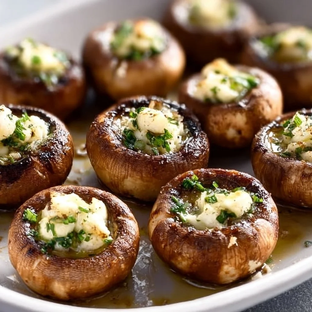 Plate of delicious roasted garlic butter mushrooms garnished with herbs