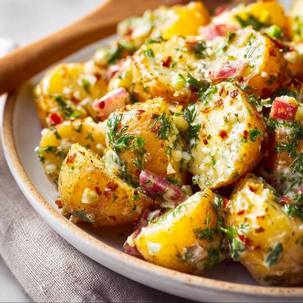 Delicious roasted potato salad served in a bowl with herbs and spices