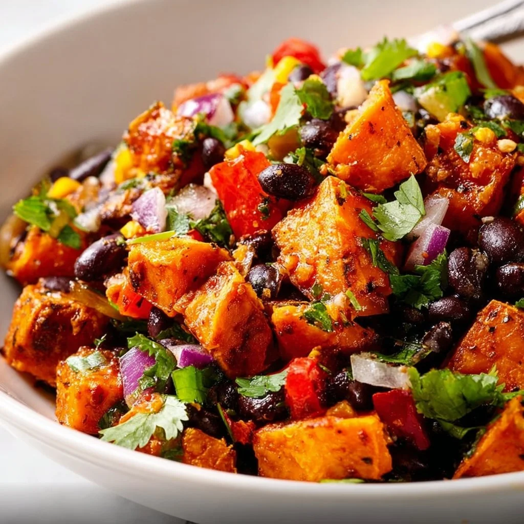 Roasted sweet potato black bean salad garnished with cilantro and lime.