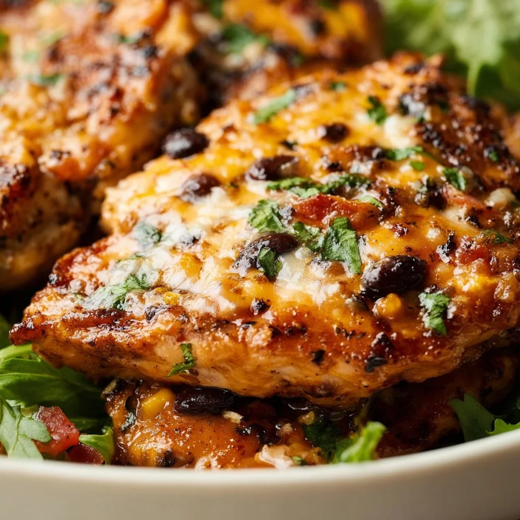 Grilled Santa Fe Chicken garnished with fresh herbs and spices