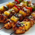 Succulent grilled pineapple chicken kabobs on a serving plate