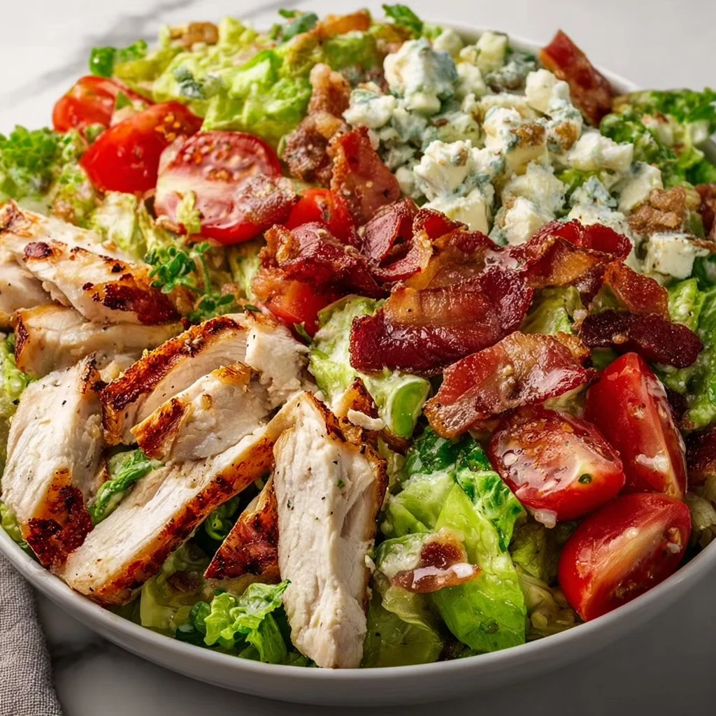 Savory BLT Chicken Salad with chicken, bacon, lettuce, and tomatoes.