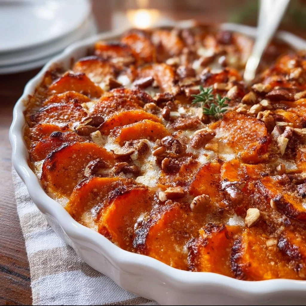 Scalloped sweet potato casserole topped with a golden crust