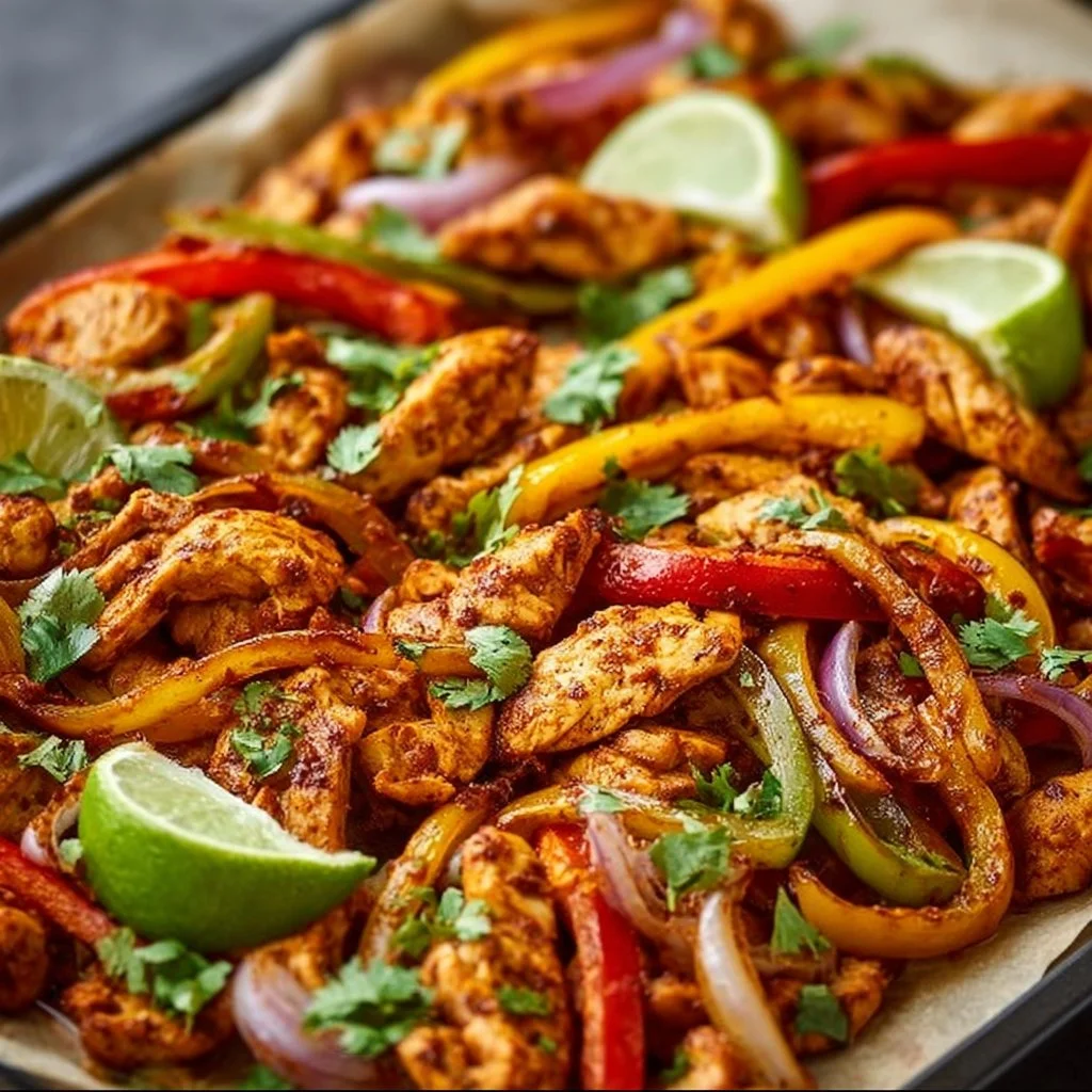 Colorful sheet pan chicken fajitas with peppers and onions ready to serve