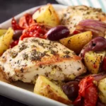 Sheet Pan Greek Chicken with colorful vegetables and herbs