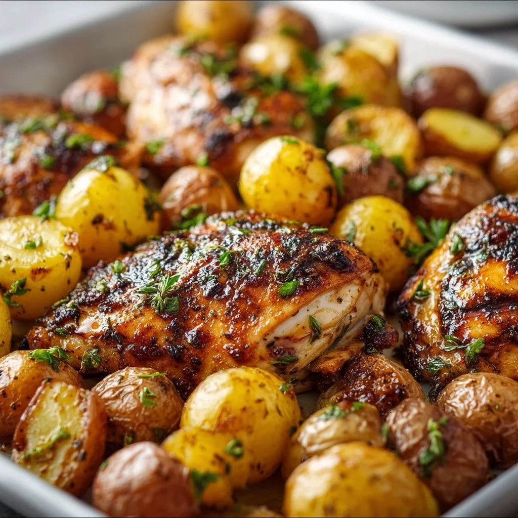 Sheet Pan Lemon Balsamic Chicken with Potatoes baked on a tray.