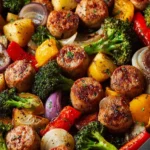 Sheet pan filled with sausage and colorful veggies ready to bake.