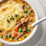 A bowl of Shepherd's Pie Soup filled with vegetables and meat.