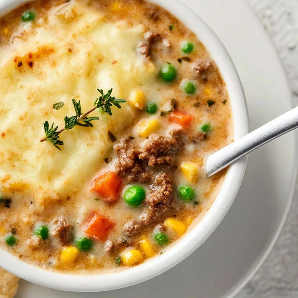 A bowl of Shepherd's Pie Soup filled with vegetables and meat.