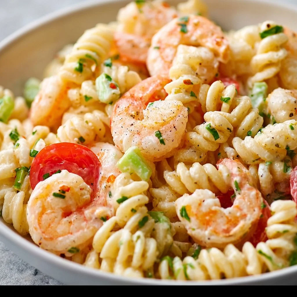 Colorful shrimp pasta salad with vegetables and dressing in a bowl